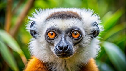 Fototapeta premium Adorable Diademed sifaka lemur with striking white and brown fur, big round eyes, and fluffy ears, in Madagascar's lush forest.