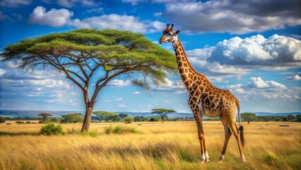 Fototapeta premium Majestic giraffe standing tall in open savannah surrounded by acacia trees under a bright blue cloudless African sky.