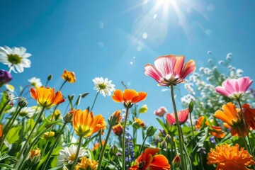Obraz premium A field of flowers with a blue sky in the background