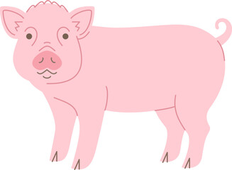 Fototapeta premium Miniature pig doodle hand drawn character. Cute smiling piglet pet animal in linear cartoon style stroke illustration