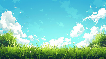 Obraz premium Vibrant field with lush green grass under a bright blue sky filled with fluffy white clouds and flying birds.