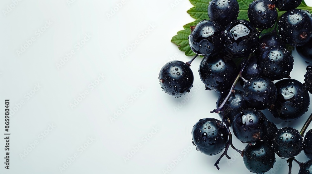 Poster isolated close up of black currant with white background and space for text