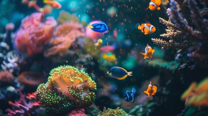 Obraz premium Tranquil Saltwater Aquarium View with Vibrant Colors and Soft Light Enhanced by Classic Top-Down Composition and Depth of Field