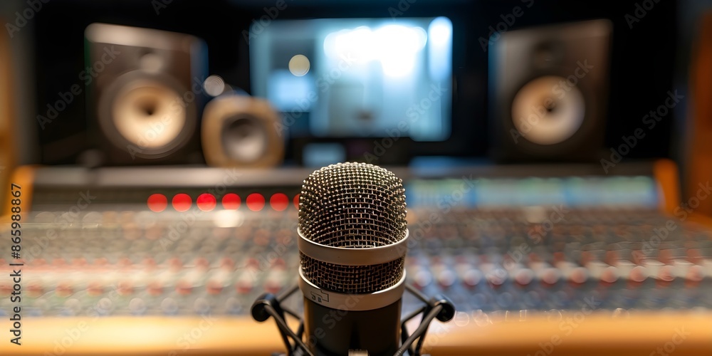 Poster recording studio setup with microphone control desk and musical instruments in background. concept m