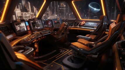Futuristic spaceship cockpit interior with a view of space station and stars. A large spaceship window show view of space and modern cockpit with control panel with glowing light. Technology. AIG35.