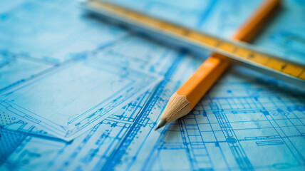 A clean, minimalist background showing a set of blueprints on a drafting table with a ruler, protractor, and pencil, symbolizing planning and precision.