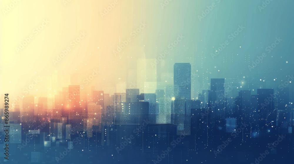 Poster futuristic cityscape blending digital elements and urban structures, set against a gradient sunset b