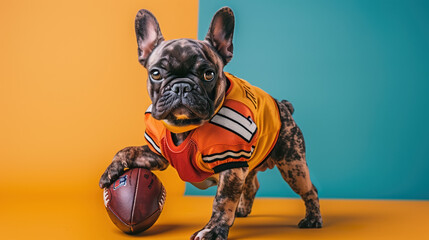 French Bulldog in Football Jersey Holding a Football