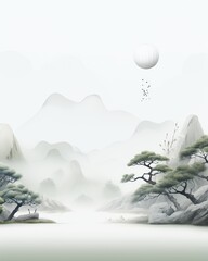 Minimalist Japanese Landscape with Misty Mountains and Pine Trees