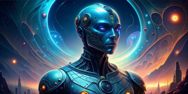 robot head with a colorful light background