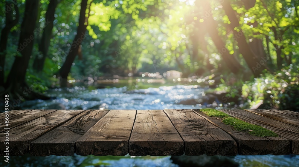 Aufkleber blurry water stream and forest background with wooden table top for product display or design layout