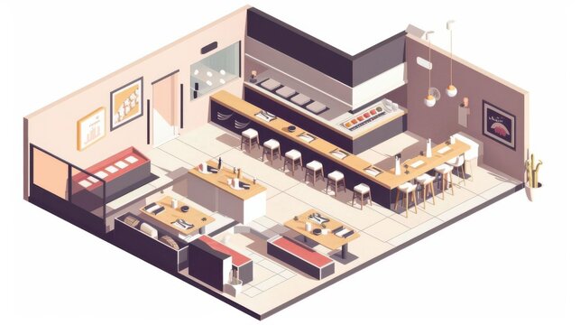 Isometric 3D Japan restaurant sushi bar flat design, front view, contemporary theme, animation
