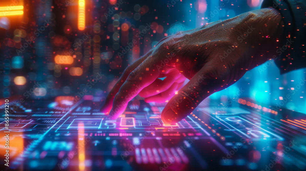 Poster a hand engaging with a high-tech digital interface, showcasing advanced technology and illuminated d