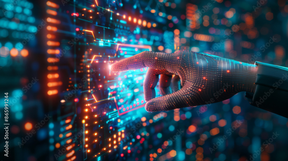Poster close-up of a hand interacting with a futuristic touchscreen interface, featuring vibrant digital gr