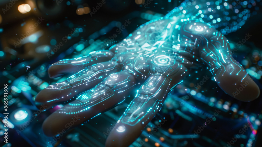 Poster a close-up of a hand with holographic digital interface, showcasing futuristic technology and advanc
