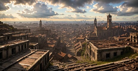 Fototapeta premium aerial view of medieval urban city town with tall buildings, houses, and towers cityscape. fantasy ancient european wasteland style.