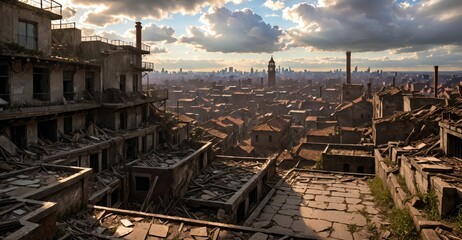 Fototapeta premium aerial view of medieval urban city town with tall buildings, houses, and towers cityscape. fantasy ancient european wasteland style.