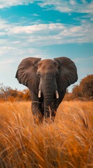 Naklejka premium African Elephant Walking Through Tall Grass Under a Blue Sky