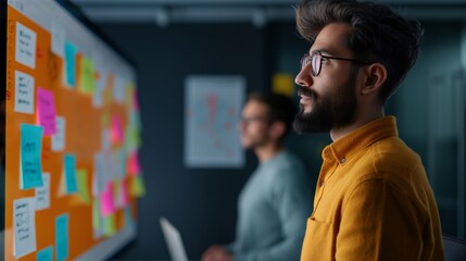 Team members collaborate on ideas in an office setting, using sticky notes on a board to organize their thoughts and strategies.