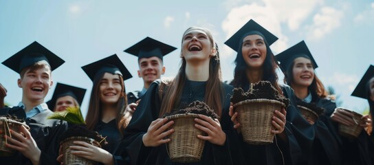 Obraz premium A group of students dressed in black hoodies and gowns captured the youthful faces of a group laughing and embracing as they celebrated life's big moment