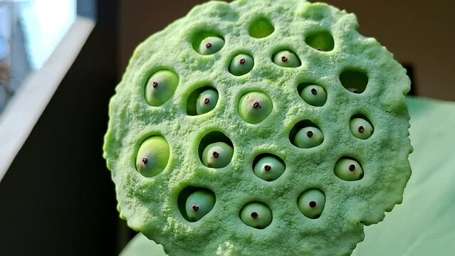 close up of lotus nuts in seed pod