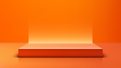 Modern 3D Red Podium on Bright Orange Background with Glowing Light, Minimalist Style Product Display