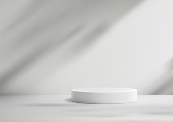 3D White Podium with Shadow Cast on White Wall for Minimal Style Product Display, Nature Concept Mockup Showcase