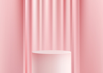 3D White Color Podium with Pink Curtain on Pink Wall Background, Luxury Style Product Display Mockup for Showroom