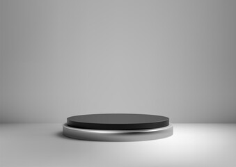Minimal 3D Black Podium with Elegant Silver Sheen in Front of White Wall for Mockup