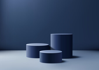 Elegant 3D Blue Cylinders Podium on White Surface with Blue Wall for Minimal Style Product Display