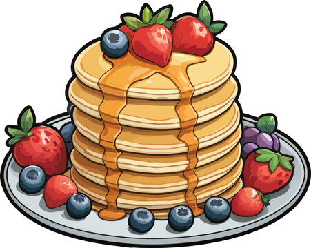 Delicious Pancakes butter and Syrup with Fruits Clipart Vector Illustrations 