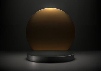Luxury 3D Black Podium with Gold Sphere on Dark Room Background for Product Display, Mockup, Showroom