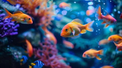 Fototapeta premium Contemporary Fish Tank Decoration with Vibrant Colors and Ambient Light: Over-the-Shoulder View with Motion Blur Effect