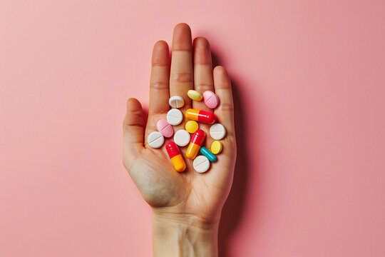 Hand holding many different colorful medical pills and capsules on pink background
