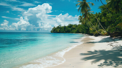 Tropical beach with crystal-clear water, white sand, palm trees, and lush greenery under a bright blue sky