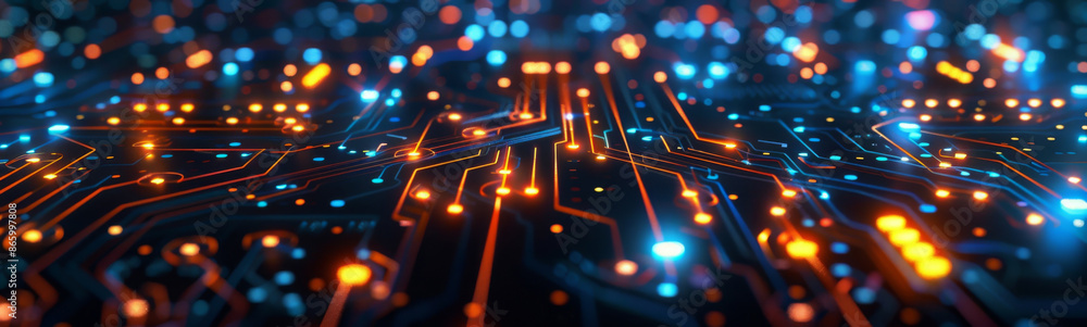 Poster close-up of an illuminated electronic circuit board, showcasing intricate design and advanced techno