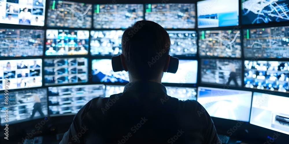 Poster a man monitors multiple screens as a data center operator. concept technology, data center, monitori