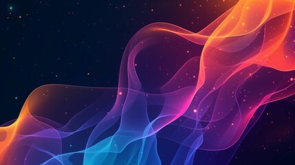 Abstract Wavy Lines In Blue, Pink, and Orange Against A Dark Blue Background With White Sparkles