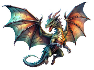 a dragon in flight, with detailed scales and wings, set against a dramatic sky. Generative AI.
