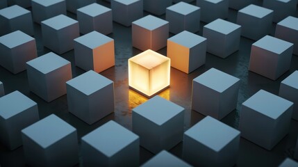 A glowing cube stands out from a grid of grey cubes