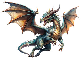 a dragon in flight, with detailed scales and wings, set against a dramatic sky. Generative AI.
