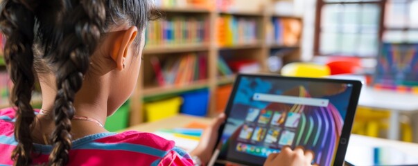 Fototapeta premium Engaged Student in Online Tutoring Session with Educational Apps on Tablet
