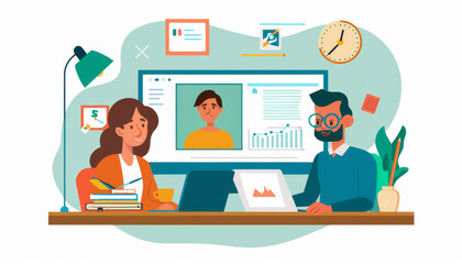 Fototapeta premium Modern Online Tutoring: Student and Tutor Collaborating in Virtual Workspace with Real-Time Tools and Digital Notebooks
