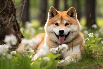 Gorgeous, Playful and Majestic Akita Dog in a Vibrant Outdoor Setting Displaying Breed's Unique Traits.