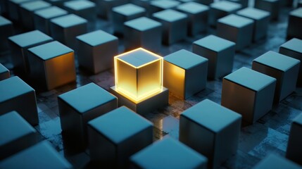 A lone glowing cube stands out amongst a field of dark cubes