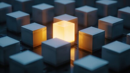 A single cube glows brightly amidst a field of gray cubes