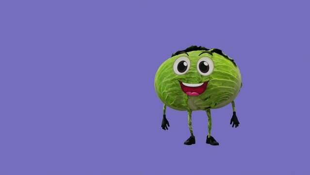 3D animation of a funny cabbage character dancing on a solid background. Ideal for advertising, social media, educational content, and various digital media projects.