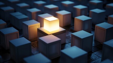 A single glowing cube stands out in a grid of dark grey cubes