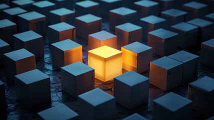 A glowing cube stands out in a field of gray cubes