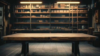 Wooden Table In A Rustic Workshop With Shelving And Overhead Lighting